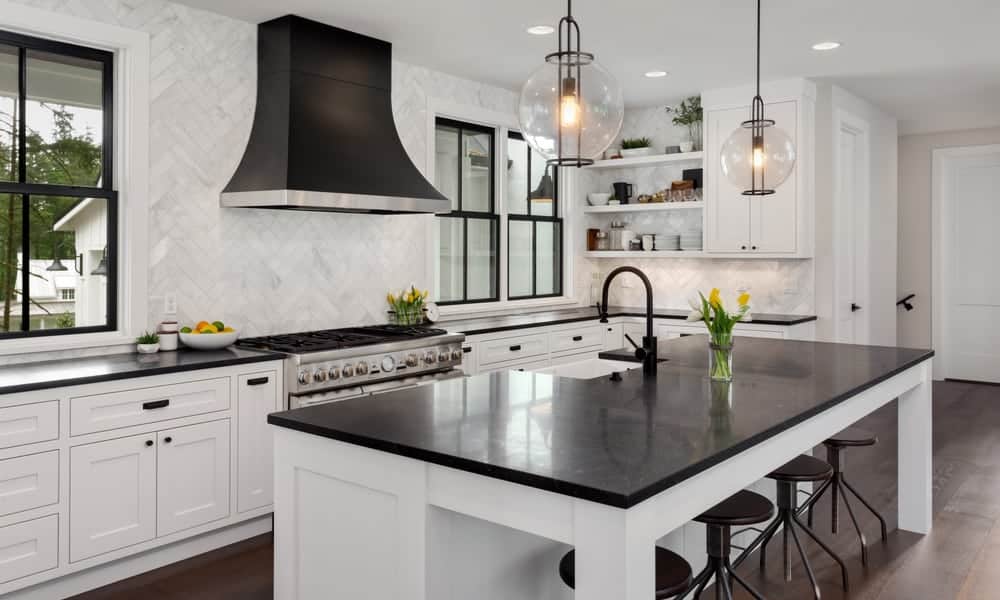kitchen island with a black countertop