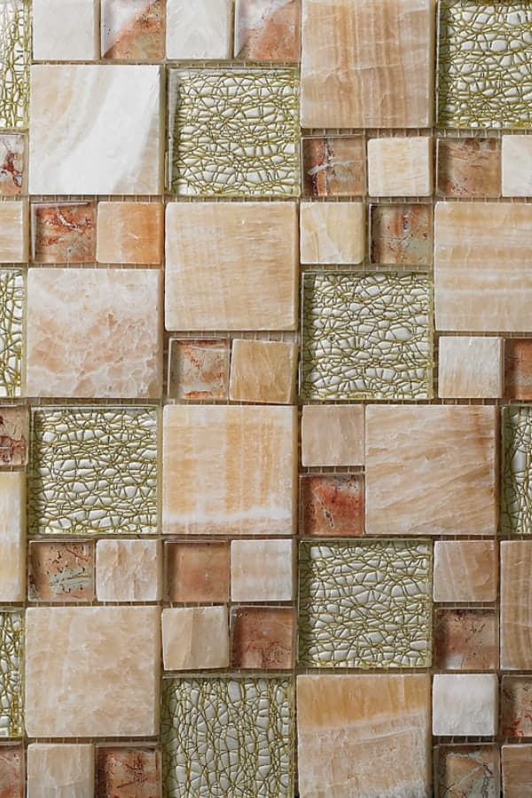 Glass mosaic and stone backsplash tiles