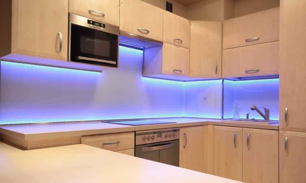 Neon lights under a kitchen cabinet