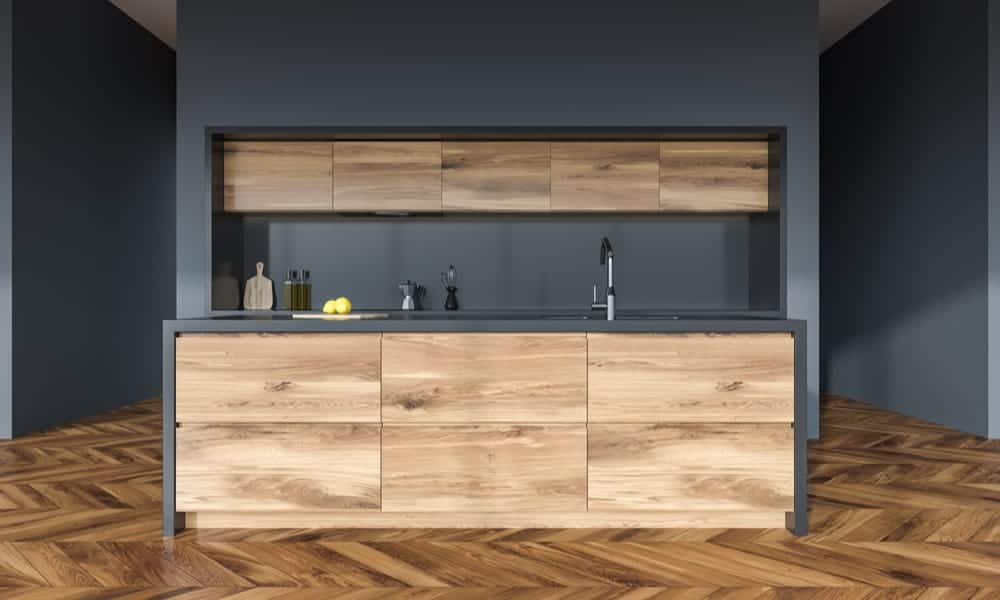 Wooden kitchen with a grey countertop